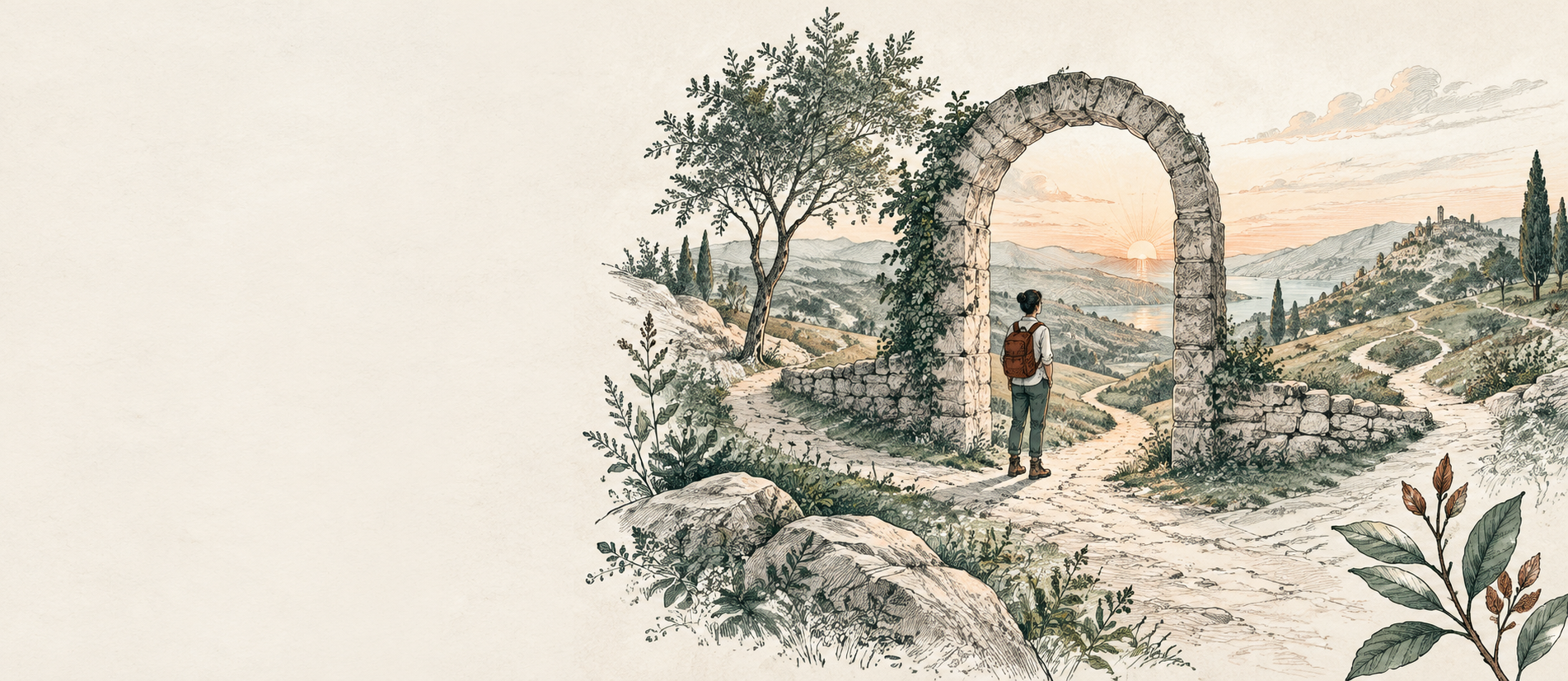 Un camino atraviesa un umbral de piedra hacia un paisaje abierto, con brotes que empiezan a crecer